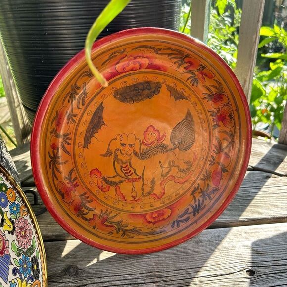 Set of 2 Wax Stamped Vintage Asian Hand Painted Floral Wooden Plates - Picture 8 of 16